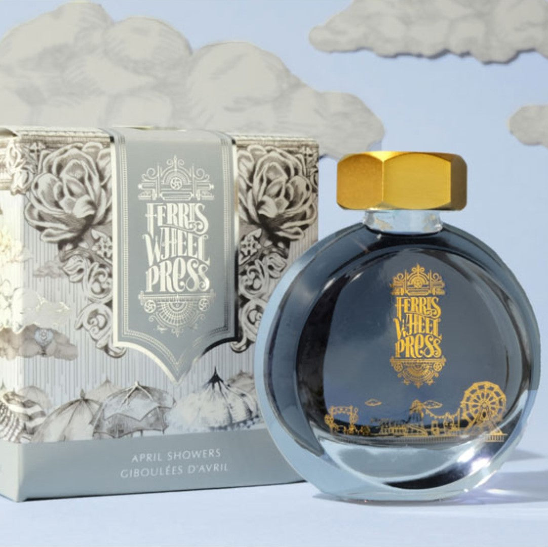 Ferris Wheel Press April Showers fountain pen ink in a 38ml bottle, showcasing a stunning spring rain hue for creative writing.