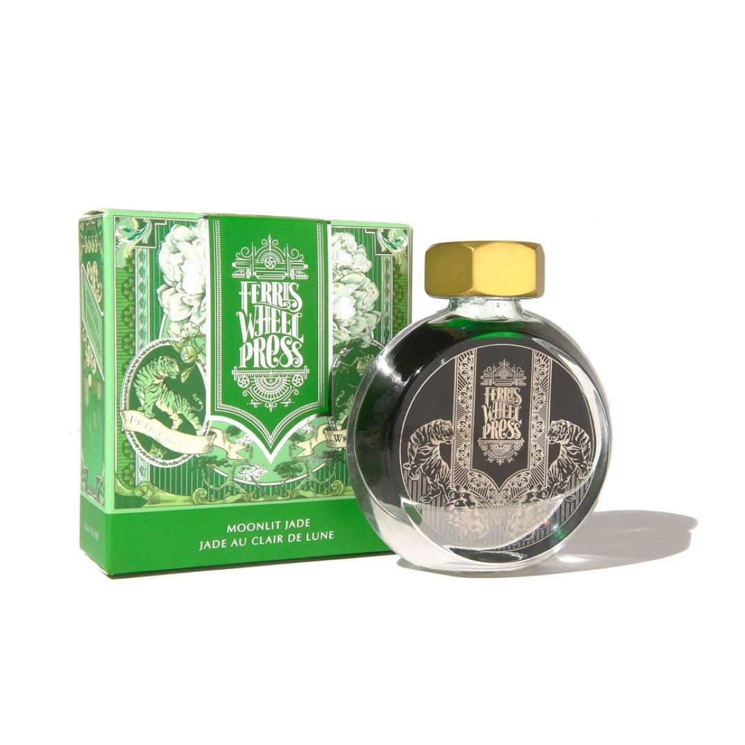 Elegant 38ml bottle of Ferris Wheel Press Moonlit Jade fountain pen ink, featuring a unique aged jade tone and silver shimmer.