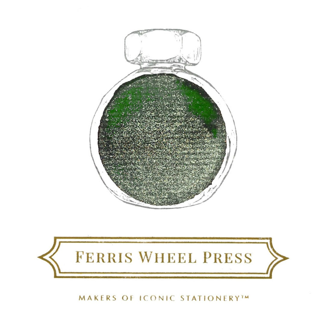 Ferris Wheel Press Moonlit Jade fountain pen ink in a 38ml bottle, featuring a deep aged jade hue and shimmering silver sparkles.