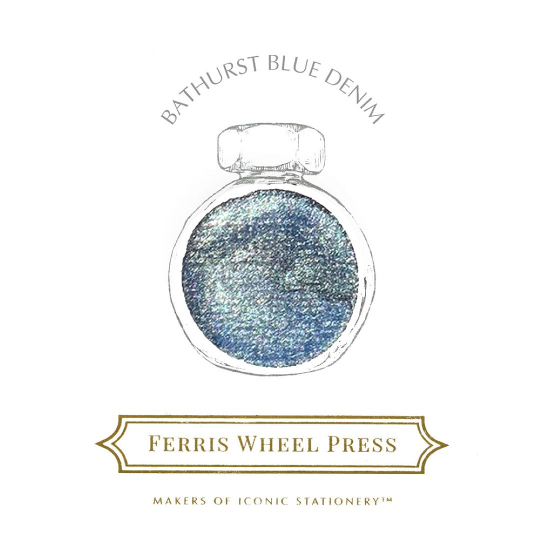 Ferris Wheel Press Bathurst Blue Denim fountain pen ink in a 38ml bottle, featuring a medium acid-washed denim hue with silver undertones.