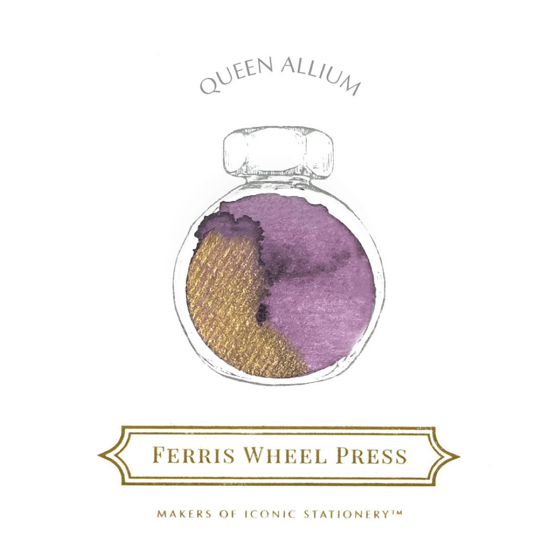 Ferris Wheel Press Queen Allium fountain pen ink in a 38ml bottle, featuring vibrant allium purple with golden sparkles.