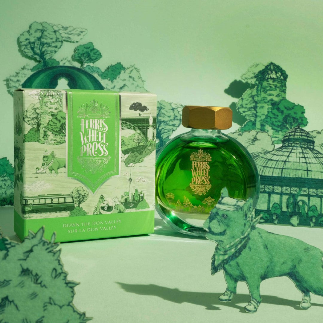 Bottle of Ferris Wheel Press Fountain Pen Ink in 'Down the Don Valley,' featuring leaf green color and shimmering finish.