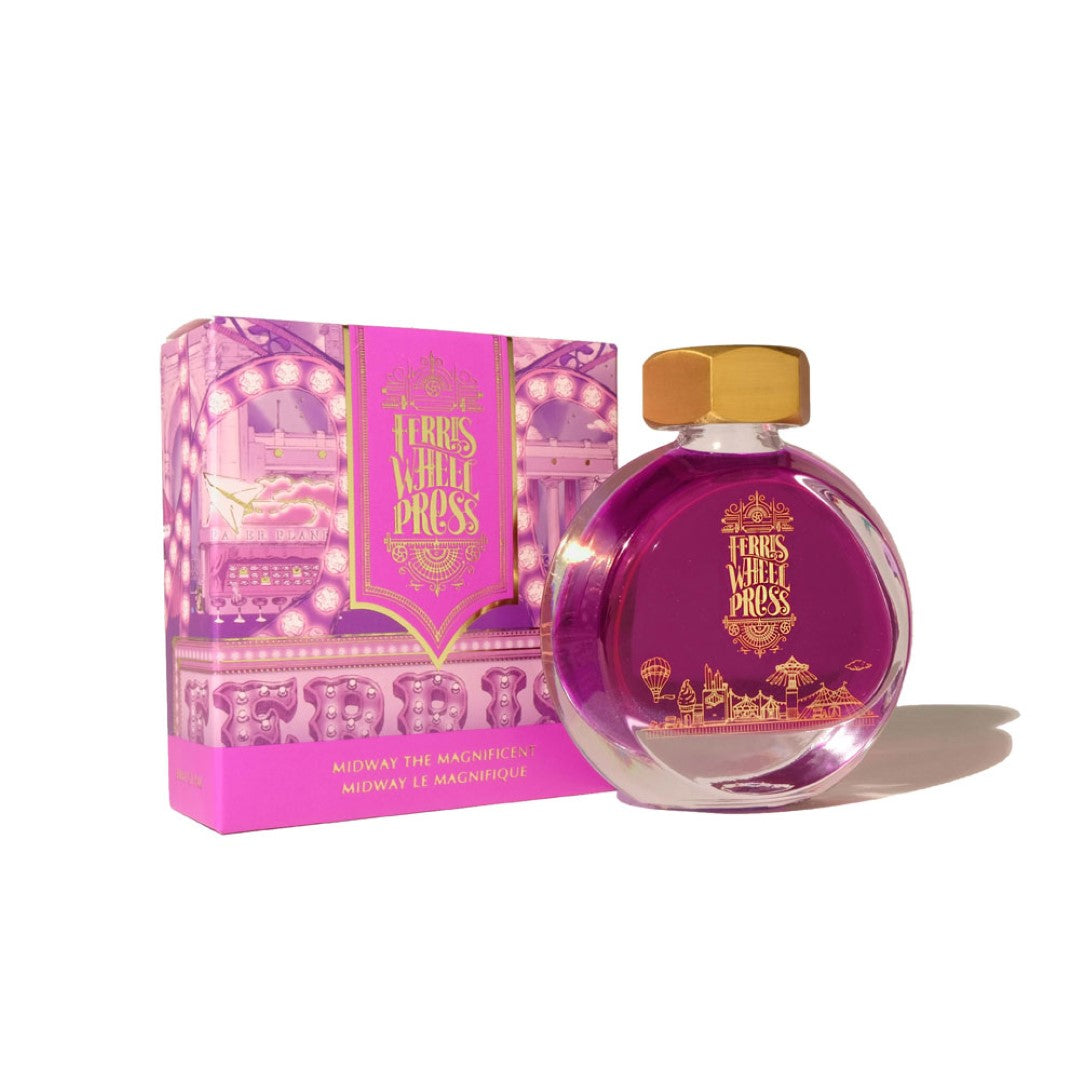 Vibrant Fuchsia fountain pen ink with blue shimmer, capturing summer carnival joy in a 38ml bottle.