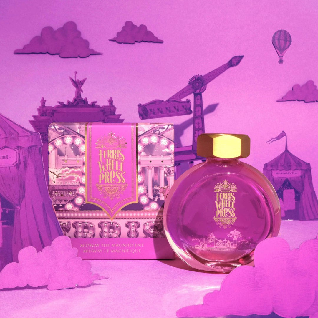 Vibrant Fuchsia fountain pen ink with blue shimmer, evoking summer carnival joy in a 38ml bottle from Ferris Wheel Press.