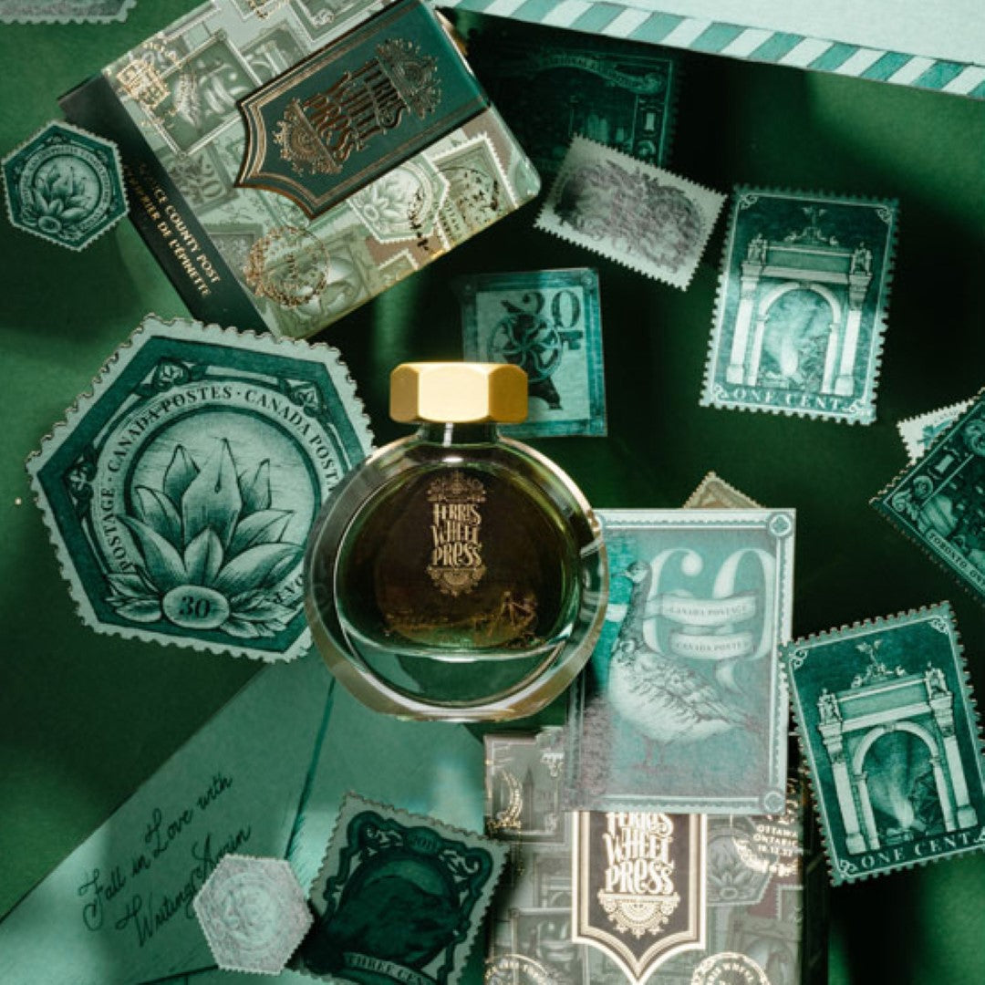 Ferris Wheel Press Spruce County ink in a 38ml bottle, showcasing deep spruce green, perfect for fountain pen enthusiasts.