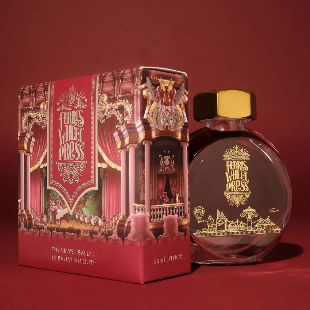 Luxurious Merlot fountain pen ink with metallic sparkle in a 38ml bottle, ideal for elegant writing and artistic expression.