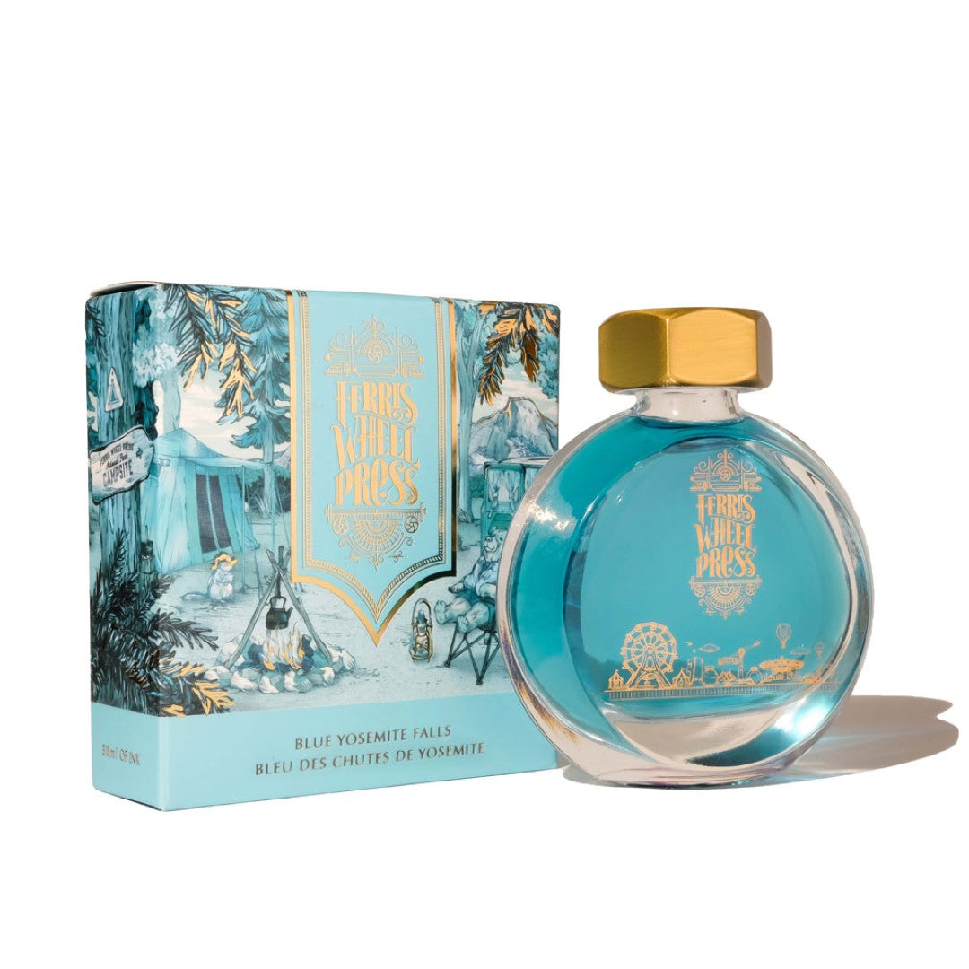 Ferris Wheel Press Blue Yosemite Falls ink in a 38ml bottle, inspired by Yosemite's waterfalls and blue skies, ideal for fountain pens.