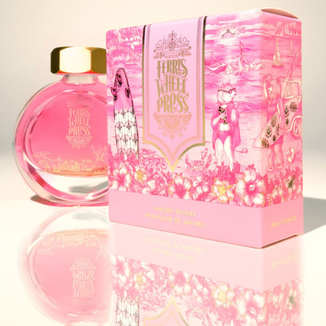 Vibrant pink fountain pen ink in a 38ml bottle, inspired by Malibu's sun-soaked beaches and perfect for creative writing.