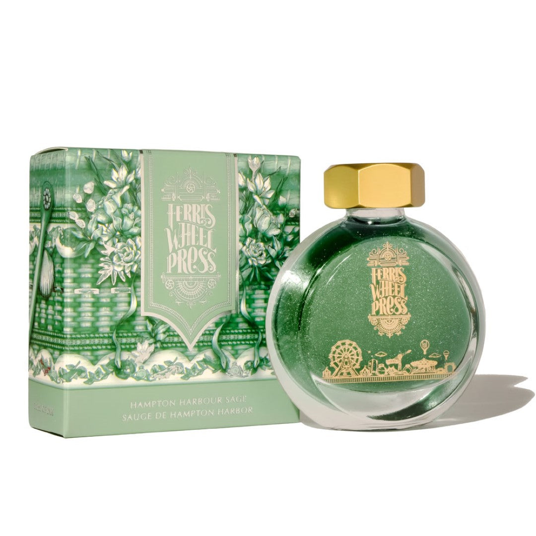 Ferris Wheel Press Hampton Harbour Sage fountain pen ink, 38ml, featuring calming sage green with silver shimmer for smooth writing.