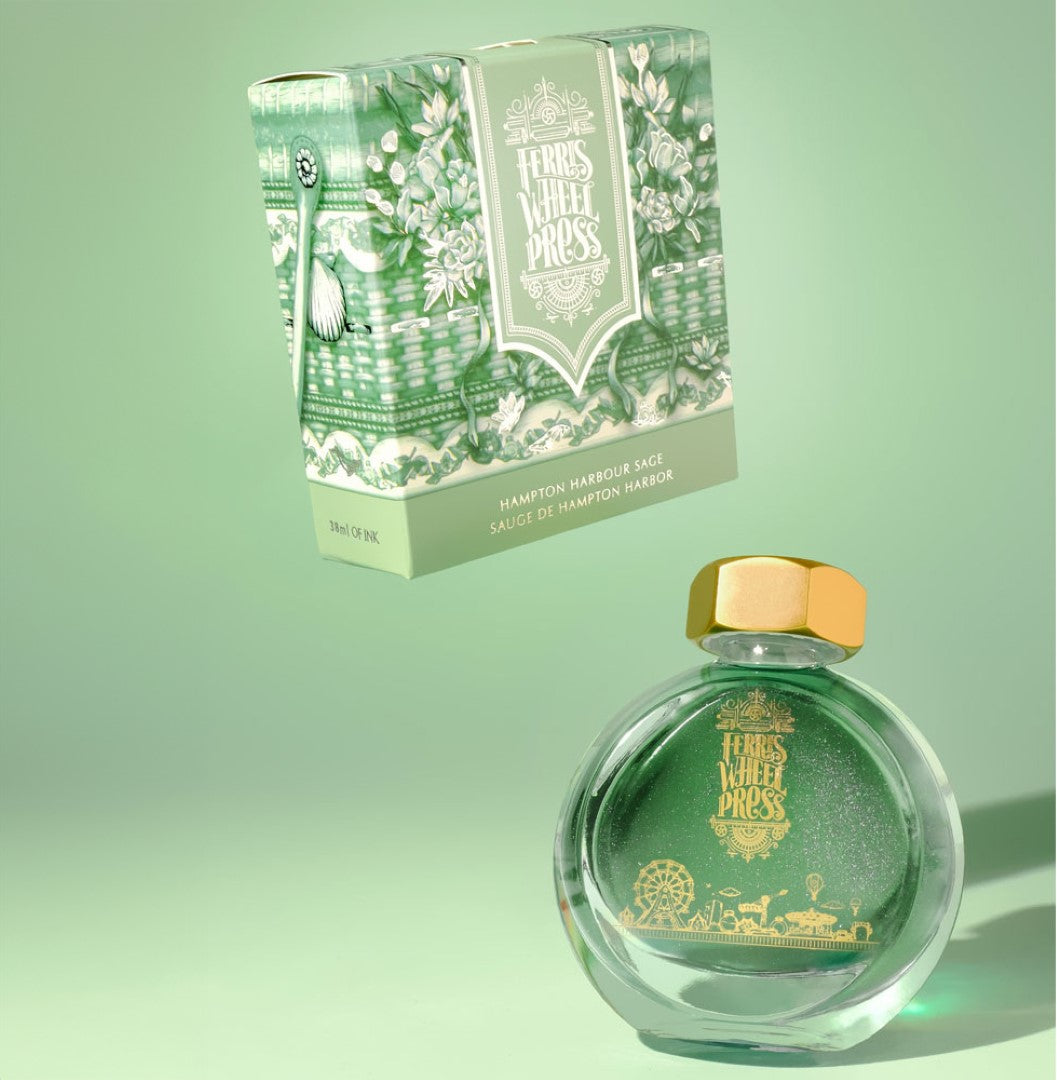 Ferris Wheel Press Hampton Harbour Sage ink bottle, 38ml, sage green with silver shimmer, ideal for writing and artistry.