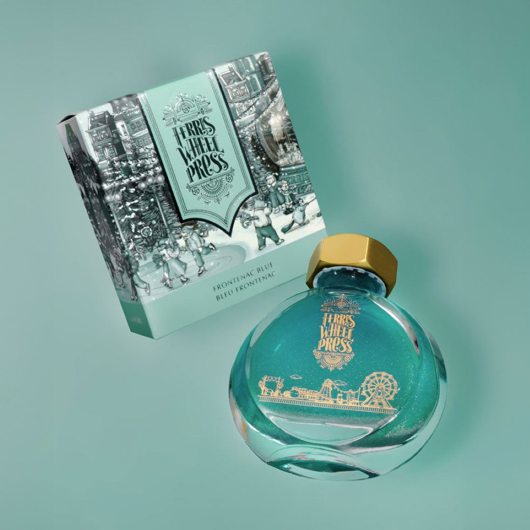 Ferris Wheel Press Frontenac Blue fountain pen ink in a 38ml bottle, vibrant, water-resistant, perfect for writing and calligraphy.