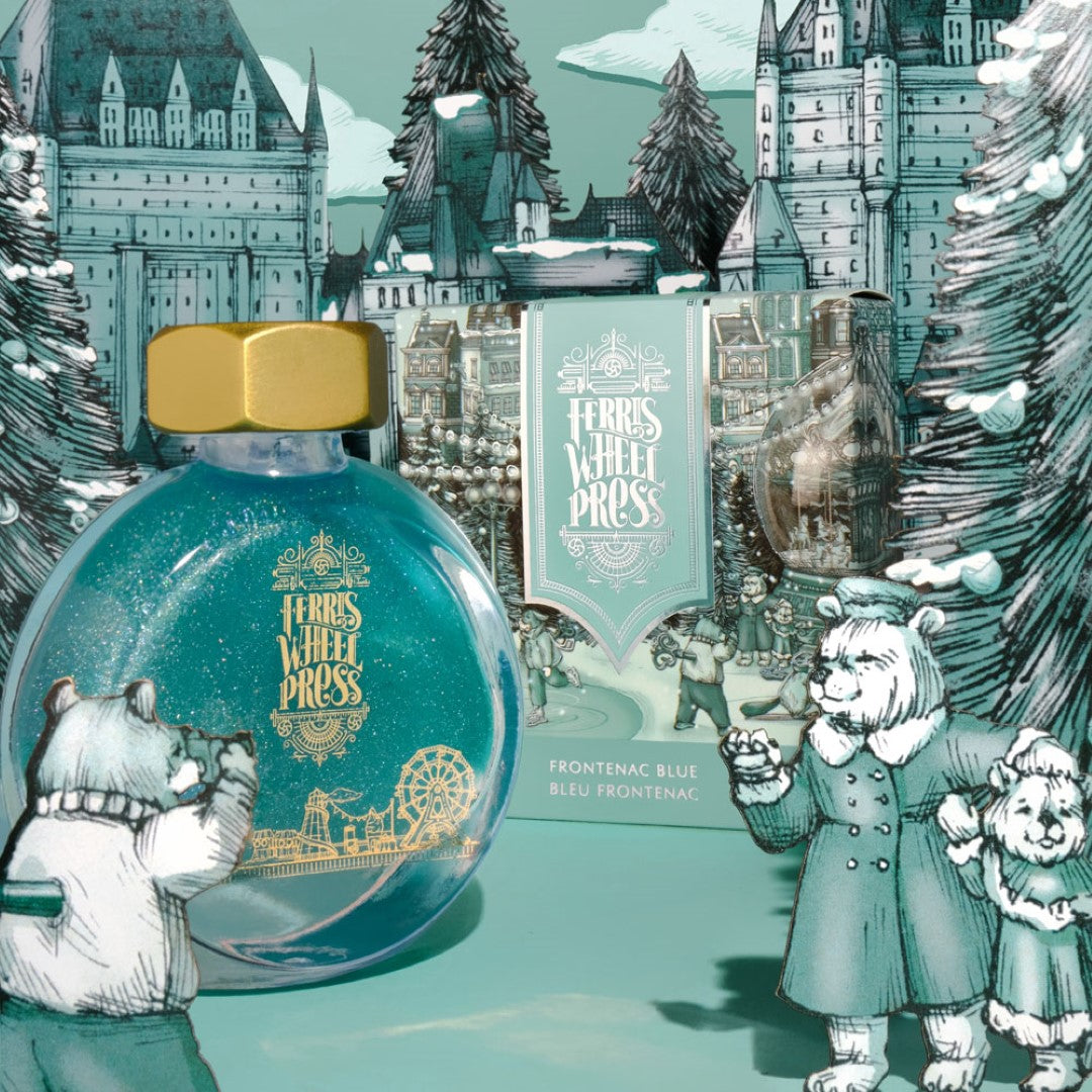 A 38ml bottle of vibrant Frontenac Blue fountain pen ink, ideal for elegant writing and artistic expression.