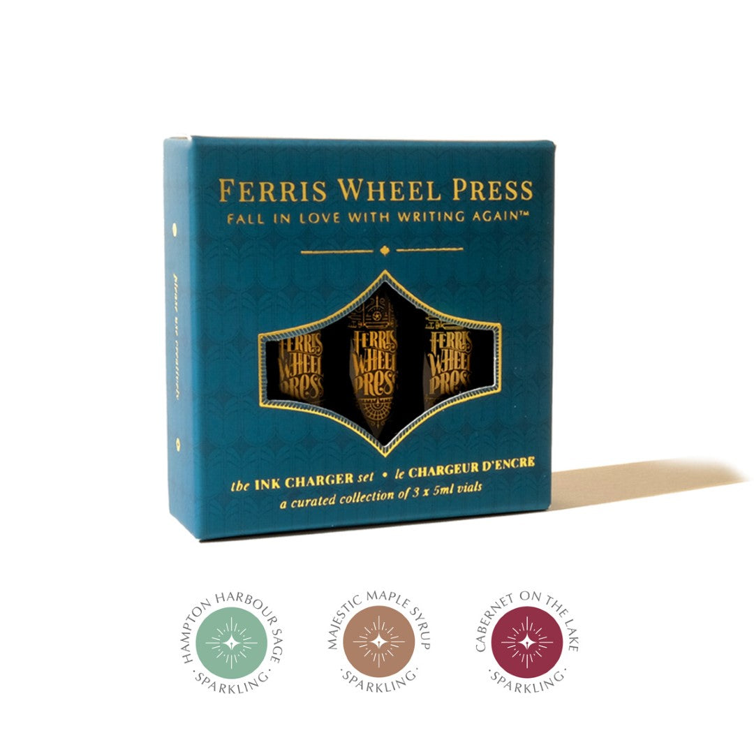 Ferris Wheel Press Ink Charger Set featuring three 5ml vials in warm, nature-inspired colors for creative writing and art.