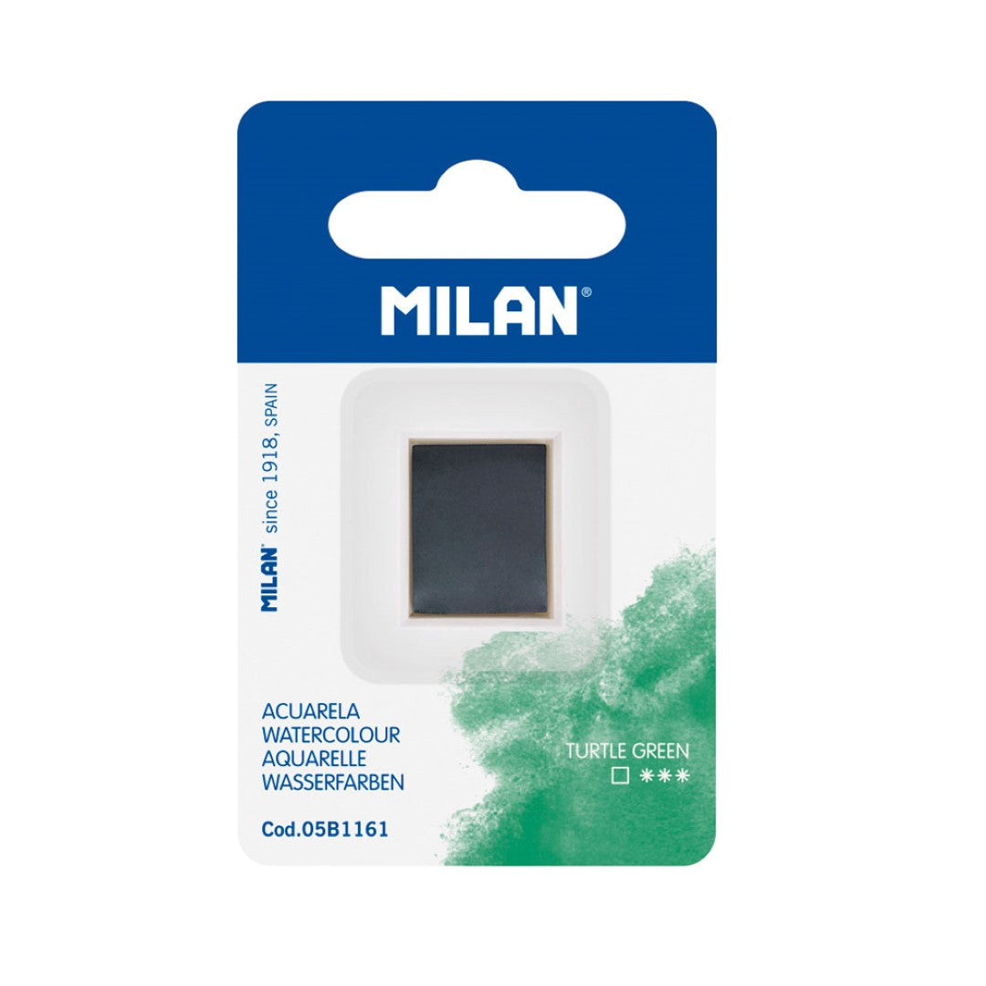 Milan Turtle Green watercolour half pan refill, featuring high-quality, fade-resistant pigments for vibrant and blendable art.