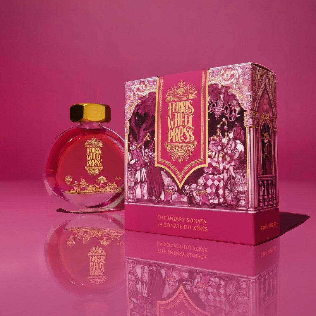 Ferris Wheel Press The Sherry Sonata fountain pen ink in deep magenta berry for vibrant writing and artistic expression.
