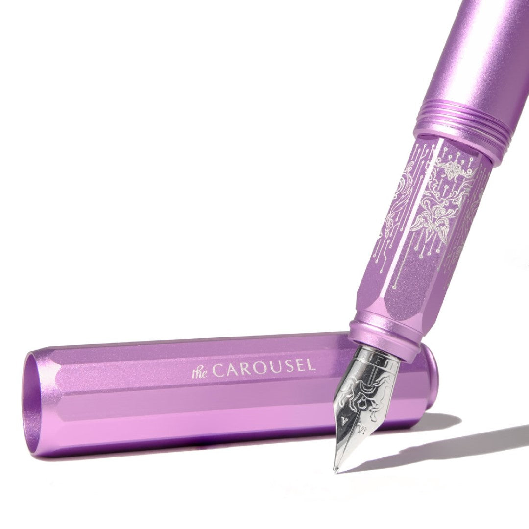 Elegant Ferris Wheel Press Aurorealis fountain pen in durable aluminium, featuring a smooth custom nib and intricate etched grip.