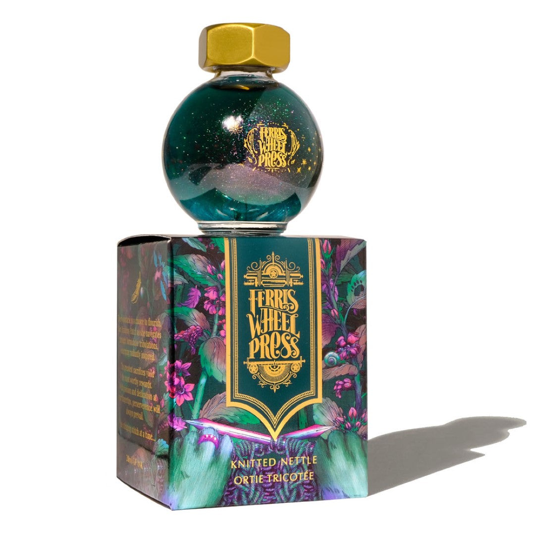 Dark teal fountain pen ink with gold and pink shimmer, inspired by magical tales and perfect for creative writing.
