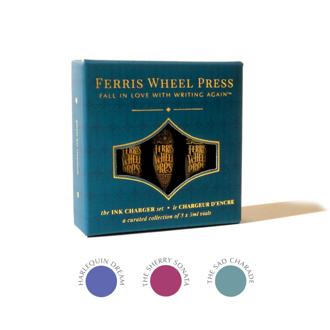 Ferris Wheel Press Ink Charger Set featuring three 5ml vibrant vials: Harlequin Dream, The Sherry Sonata, and The Sad Charade.