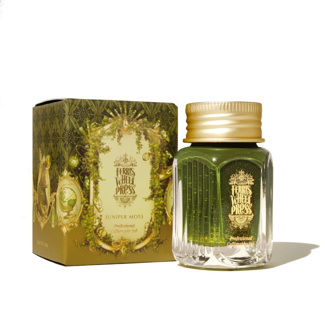 Ferris Wheel Press Juniper Moss calligraphy ink in a 28ml bottle, showcasing rich green with gold shimmer for elegant writing.