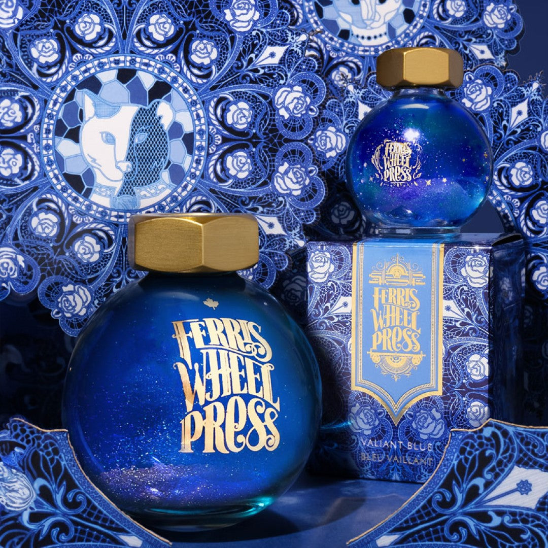 Ferris Wheel Press Valiant Blue ink in 20ml, featuring a true blue hue with shimmering green and gold tones for vibrant creativity.