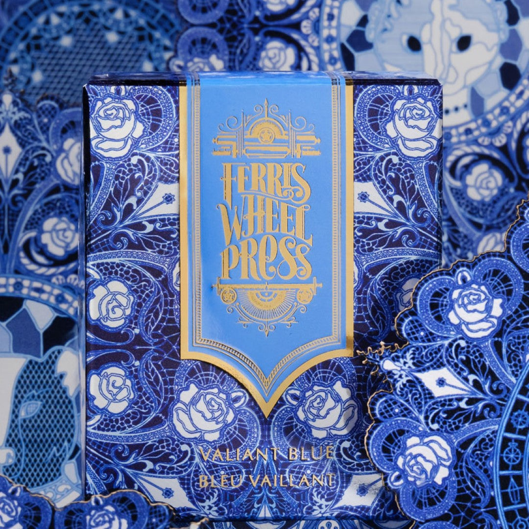 Ferris Wheel Press Valiant Blue fountain pen ink in 20ml, featuring true blue with shimmering green and gold hues.