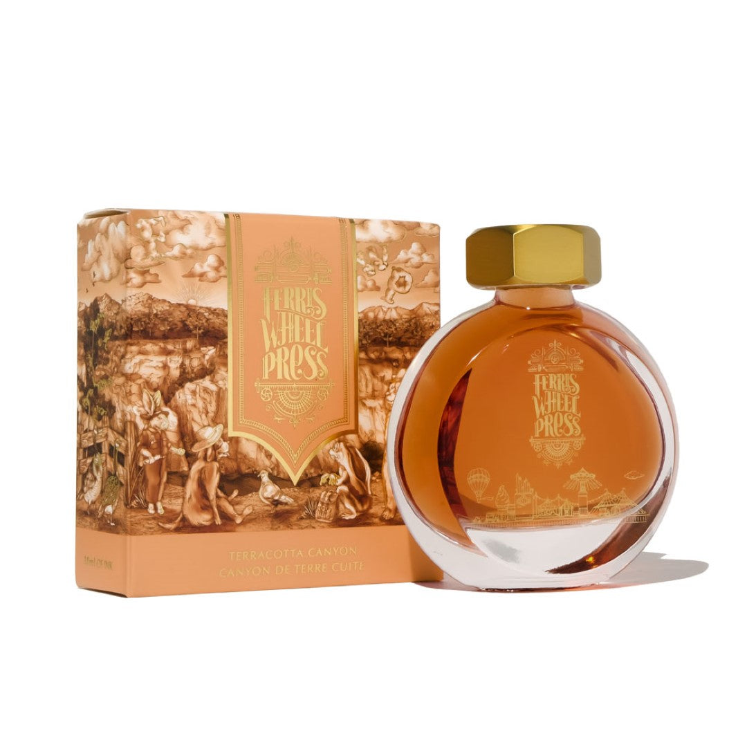 Terracotta Canyon fountain pen ink in a 38ml bottle, inspiring creativity with its warm, soothing orange hue.