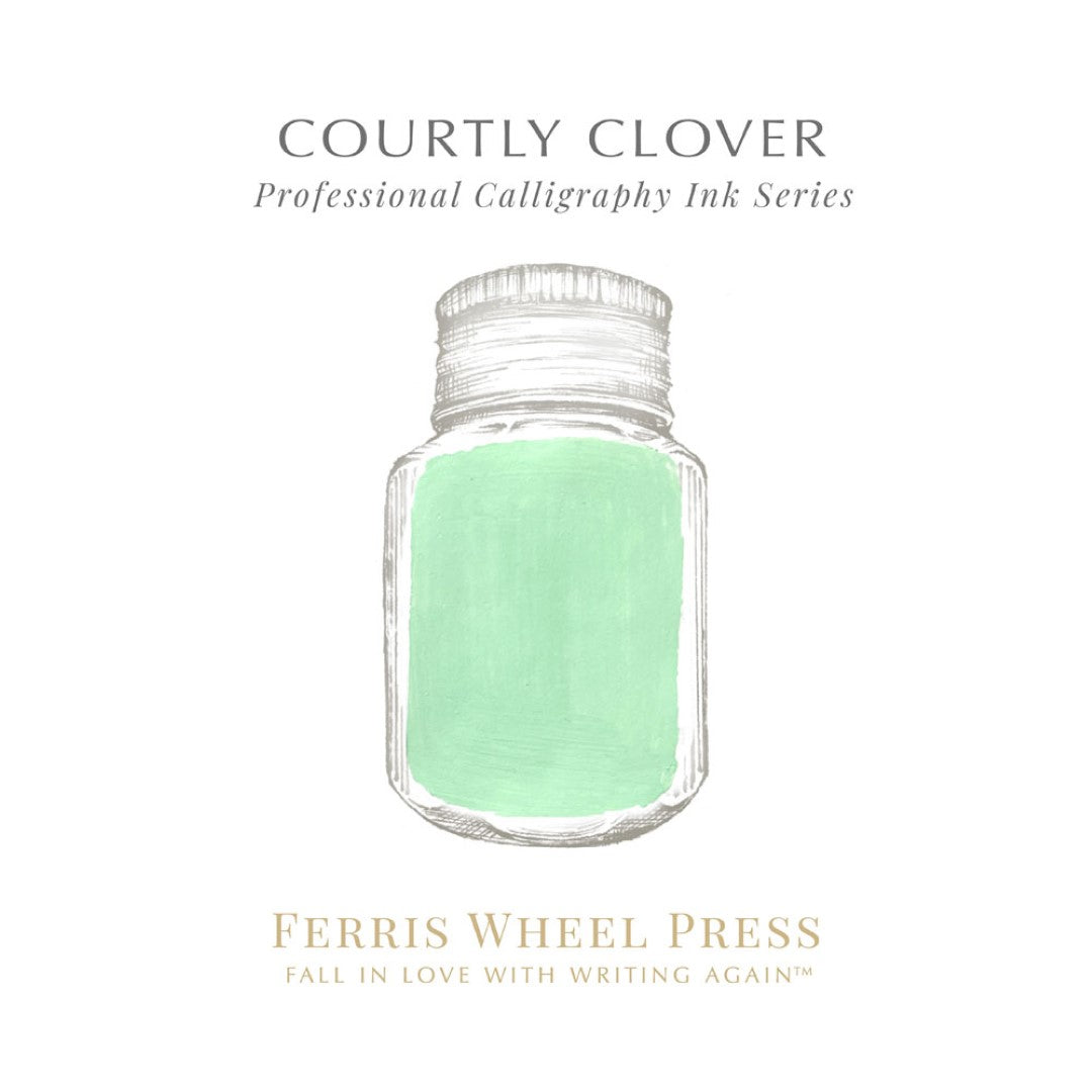 Ferris Wheel Press Courtley Clover calligraphy ink in a 28ml bottle, featuring a vibrant opaque light green hue for elegant writing.