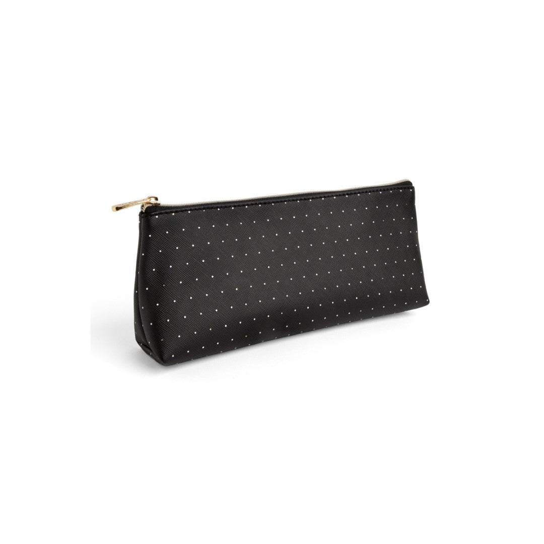Elegant black and white pencil case with gold accents, spacious interior for organizing stationery essentials stylishly.