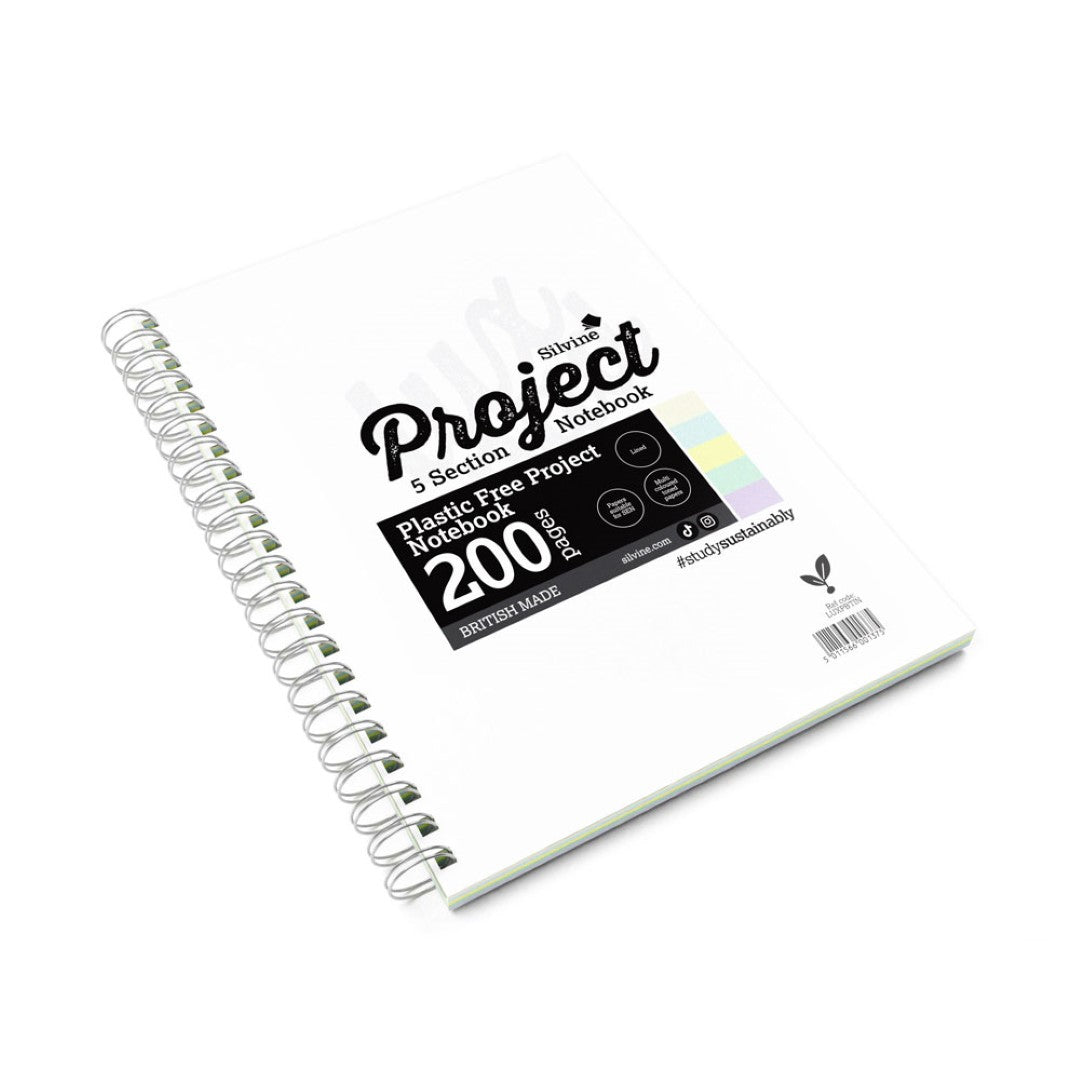 A4+ Silvine Tinted Project Book with 200 lined pages, 5 color sections for organization, eco-friendly, and twin wire binding.