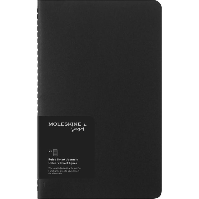 Moleskine Smart Cahier Journal Pack 2, large ruled pages, black covers, compatible with Smart Writing Pen for digital note capture.