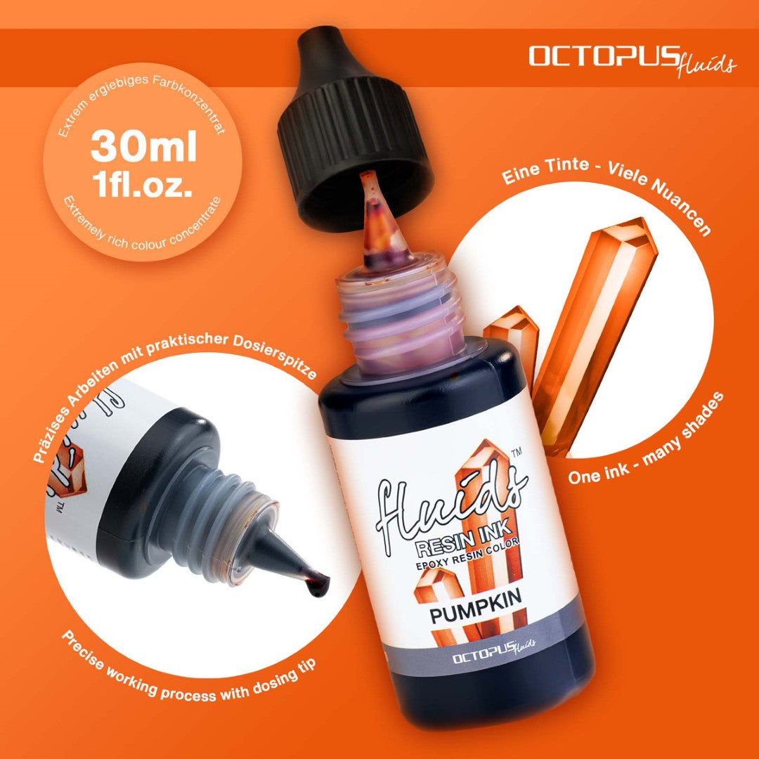 Vibrant Pumpkin Orange Octopus Fluids Resin Ink in a 30ml bottle, perfect for coloring resin crafts and projects.