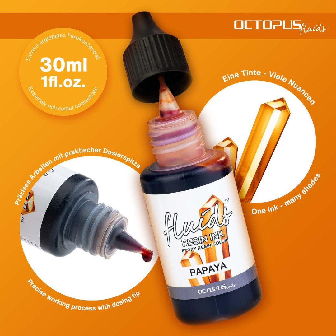 Vibrant 30ml Papaya Orange Resin Ink for enhancing artistic epoxy and UV resin projects with intense color.