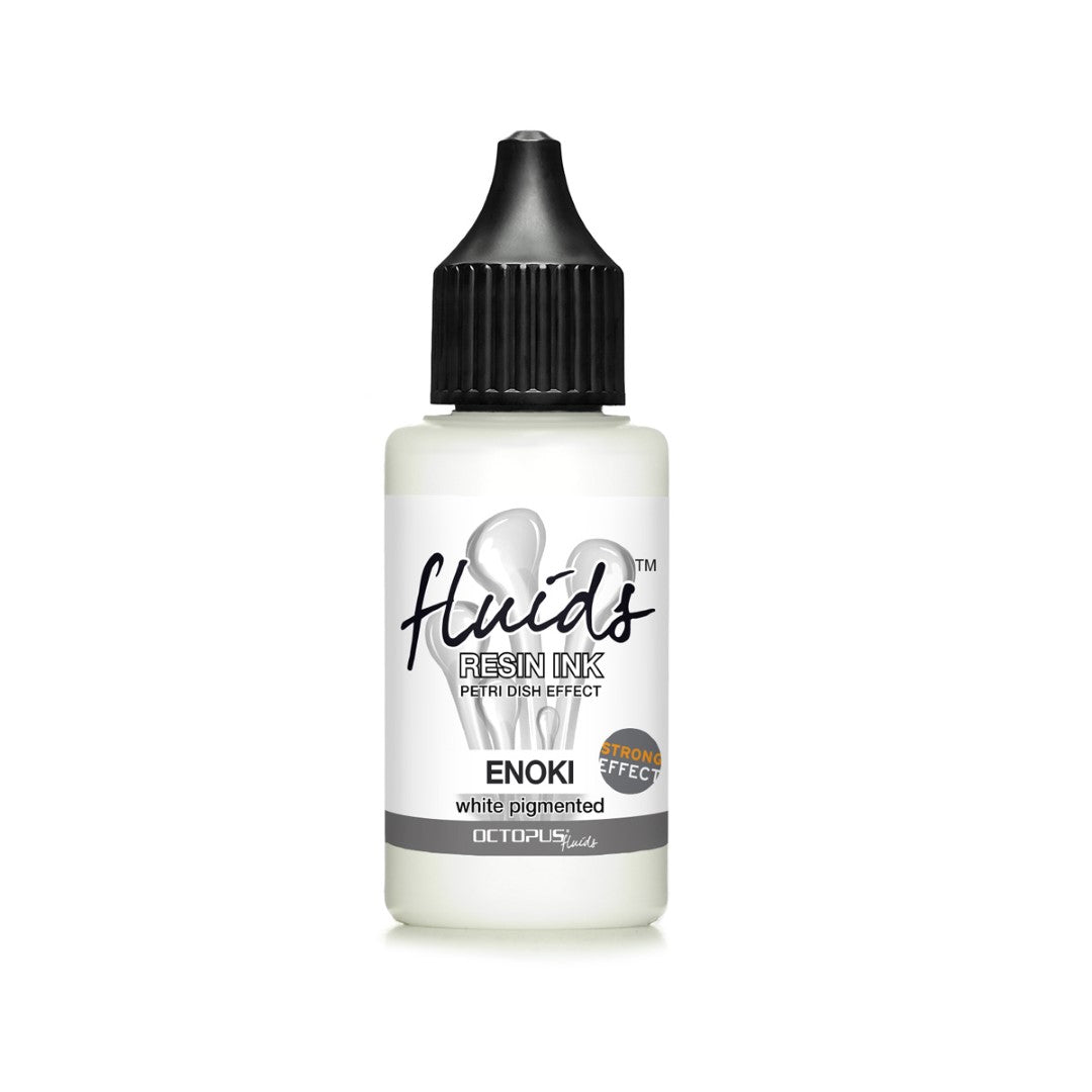 Octopus Fluids Enoki White Ink in 30ml bottle, perfect for vibrant petri dish effects in resin art and crafting projects.