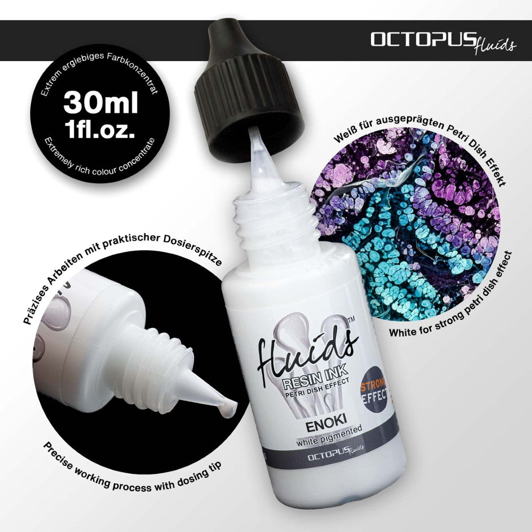 Octopus Fluids Enoki White Resin Ink 30ml, ideal for creating vibrant petri dish effects in resin art and crafts.