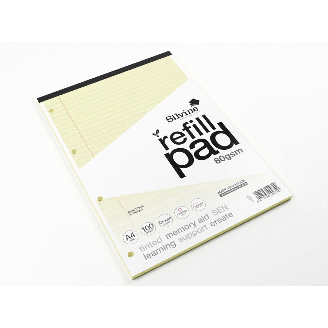 Silvine A4 tinted refill pad with 100 cream pages, 8mm ruled with margin, perfect for writing and sketching.