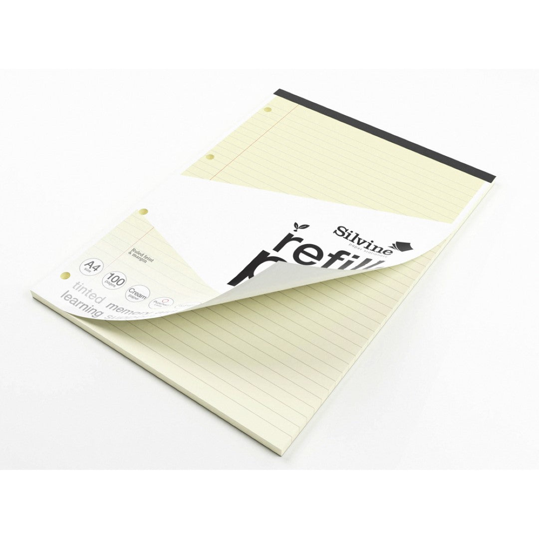 Silvine A4 refill pad with 100 cream tinted, 8mm ruled pages, perfect for note-taking and creative writing.