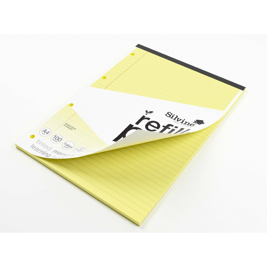 A4 Silvine refill pad with 100 yellow tinted pages, 8mm ruled lines, margin, and easy-remove perforated design.