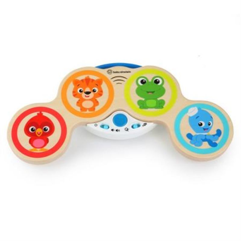A vibrant wooden drum with magic touch technology for babies, encouraging music exploration and fine motor skills.