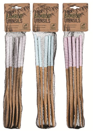Bamboo Utensils - Colour Handle (5 Piece Set)