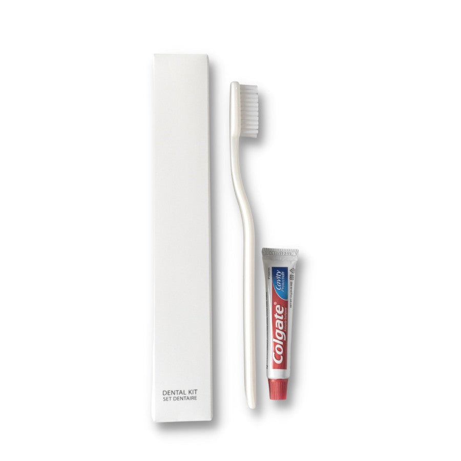 Overnight hotel dental kit set of 6 with premium toothbrush and toothpaste for travelers' oral care convenience.