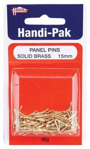 (Card-30g) Handipak 15mm Solid Brass Panel Pins