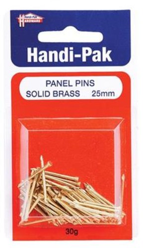 (Card-30g) Handipak 25mm Solid Brass Panel Pins