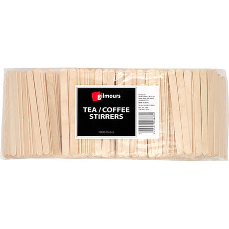 Eco-friendly wooden stirrers in a 1000 pack, perfect for hot and cold beverages at cafes and home use.