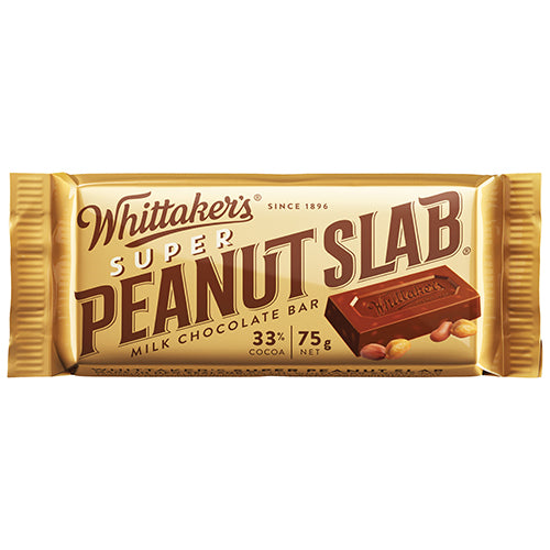 Whittaker's Super Peanut Slab Milk Chocolate Bar pack featuring creamy chocolate and roasted peanuts, 30 slabs of 75g each.