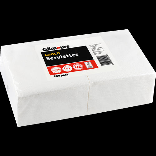 Gilmours 1/4 Fold 1Ply White Lunch Serviettes 340x300mm 200pk
