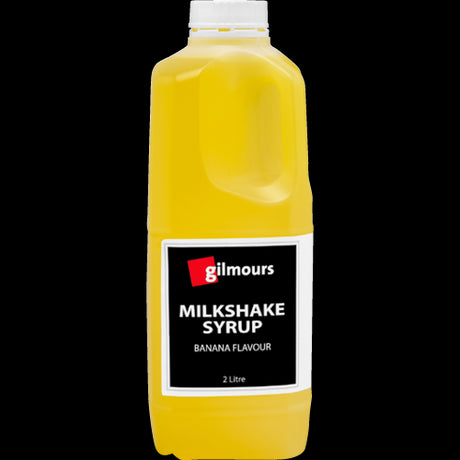 Gilmours 2L banana milkshake syrup, perfect for creamy beverages and desserts, free from artificial colors and preservatives.