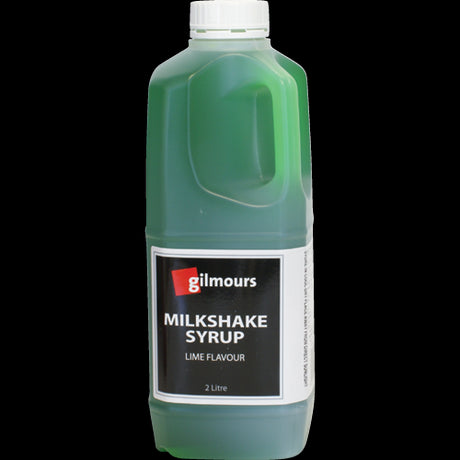 Gilmours Lime Flavoured Milkshake Syrup in a 2l bottle, perfect for creamy milkshakes and refreshing beverages.