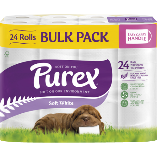 Purex Soft White 2 Ply Toilet Rolls 24pk featuring 200 sheets per roll, eco-friendly, and designed for ultimate comfort and durability.