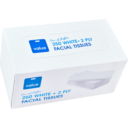 Value White 2 Ply Facial Tissues 250pk