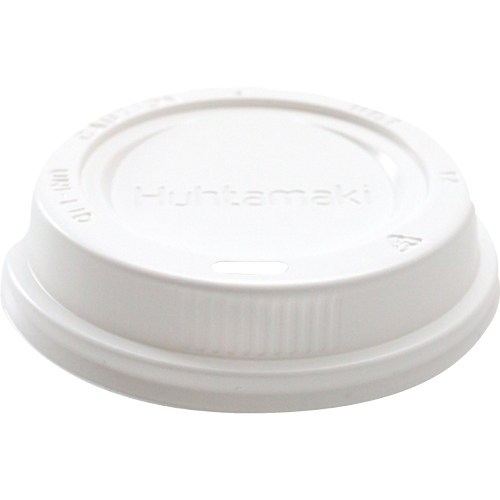 White plastic domed uni-lid pack of 100 for takeaway meals, ensuring freshness and secure fit for various food applications.